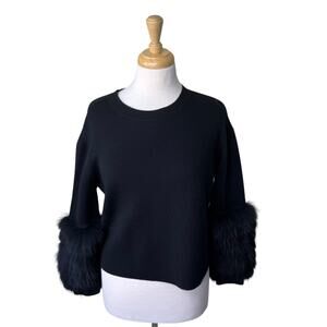 ALICE + OLIVIA Wool & Silver Fox Fur Sleeve Crewneck Sweater XS Black